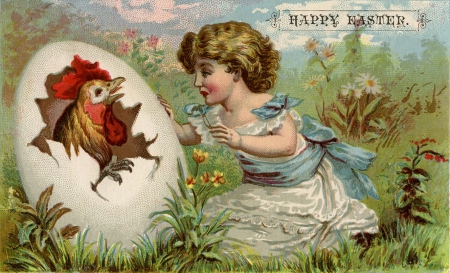 Happy Easter ! - rooster, vintage, artwork, girl, postcard, egg