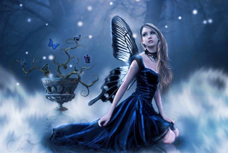 BUTTERFLY QUEEN - WINGS, DRESS, FAIRY, FEMALE, BUTTERFLIES, NIGHT, BLUE