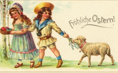 Happy Easter - sheep, postcard, girl, boy, artwork, vintage