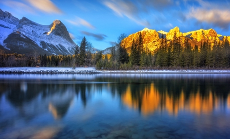 Morning Glow - lake, autumn, water, mountains, forest, reflection, cold, snow, beautiful, canada, sunrise