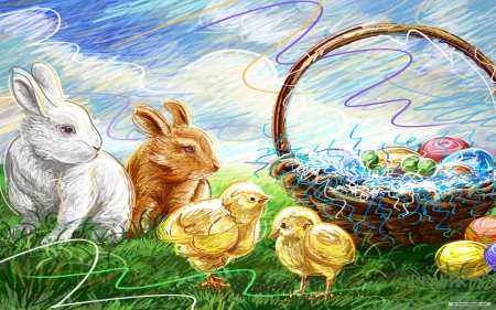 easter - chicken, easter, egg, basket, bunny