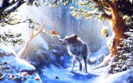 Wolf And Squirrel - winter, painting, wolf, squirrel