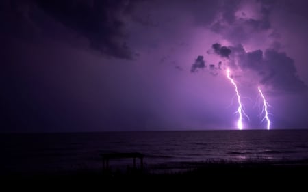 Lightning - purple, lightning, clouds, oceans, nighttime, nature