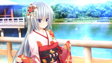 kimono girl - lake, pretty, cute, beautiful, kimono, anime, girl