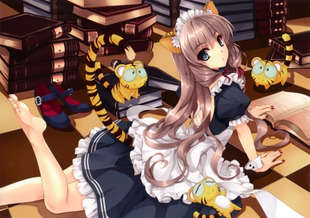 Neko girl - pretty, anime, neko, girl, cute, books, tigers