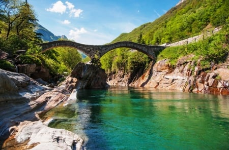 VALLE VERZASCA MOUTAINS - waterfalls, hills, splendor, landscape, forest, nature, places, mounatins, switzerland, sky, rocks