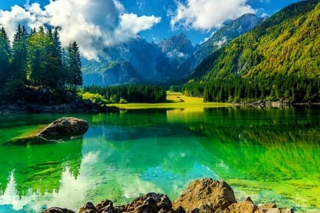 Mountain lake - slope, lake, sky, mountain, trees, hills, forest, reflection, beautiful, clouds, green