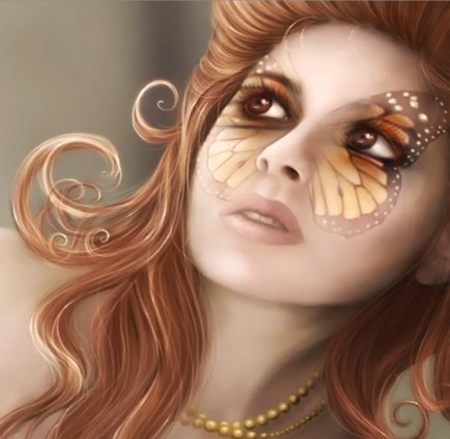 Butterfly girl - face, butterfly, lady, girl, red hair, fantasy