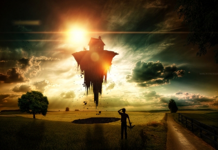 Gravity - kid, manipulation, boy, sunset, digital, surreal, field, art, sun