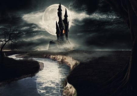 Hollow night - moon, rivers, tower, fullmoon, dark, black, twilight, halloween, castle