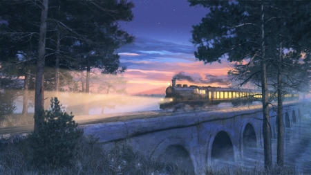 Night Express - train, digital art, journey, night, bridge