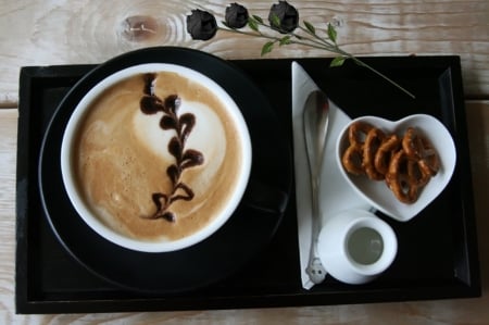 Coffee in black & white - roses, drinks, espresso, crackers, coffee, hot, cafe, black, time, tray