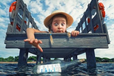 Message in a bottle - hat, summer, bottle, blue, girl, water message, child, funny, cute, blue eyes