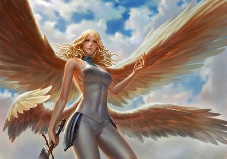 Angel - leo chuang, anime, blue, girl, feather, angel, orange, fantasy, woman, wings, cloud, sky