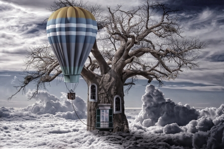 Fantasy - white, cloud, blue, winter, tree, fantasy, balloon