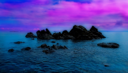 Pink Sky ~ - nature, sky, pink, clouds, blue, sea, rocks