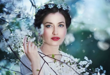 Beauty - flower, portrait, model, spring, blossom, girl, white, woman, green