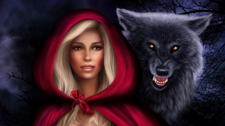 Red Riding Hood - woman, girl, bad, black, red riding hood, fantasy, wolf, fang, red, blonde, alenaekaterinburg