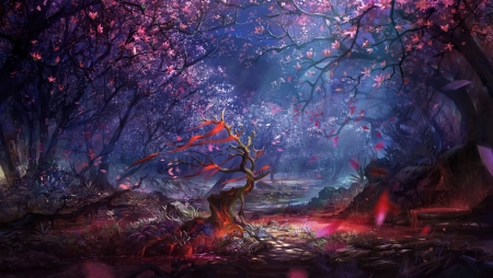 Ruler of the land - red, fantasy, spring, sakura, tree, luminos, blue, art