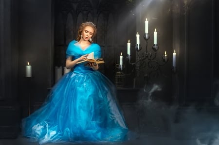 Cinderella - woman, candle, tale, girl, light, model, balck, cinderella, blue, dress