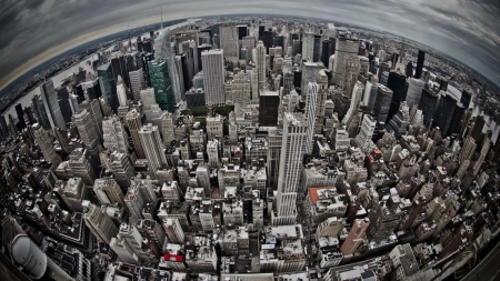 NYC in fisheye - skyscrapers, aerial, fisheye, city