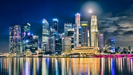 fantastic moon over city hdr - reflections, moon, night, city, hdr, waterfront, skyscrapers