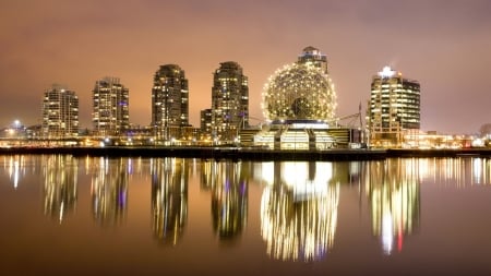 world of science in Vancouver - reflections, modern, night, city, water, lights, museum