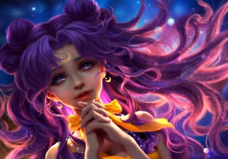 Bishoujo Senshi Sailor Moon - moon, beauty, woman, girl, sunmomo, serenity, sailor moon, art, purple, yellow, luminos, anime, luna, manga