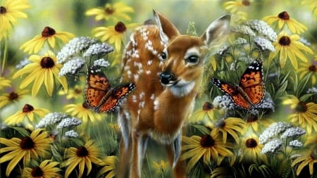 Spring Fawn - black eyed suans, flowers, fawn, deer, painting, Rosemary Millette