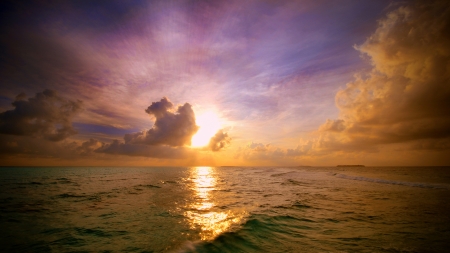 superb ocean sunset - wake, clouds, sunset, sea, waves