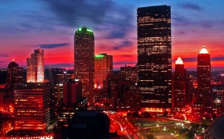 superb red sunset on a city - city, sunset, skyscrapers, red