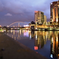 city riverfront at dusk
