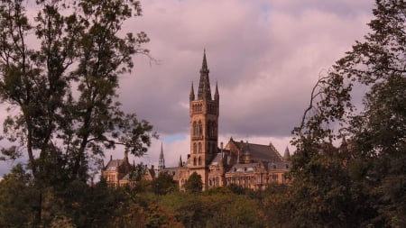 chapel at university of glasgow - chapel, trees, overcast, tower