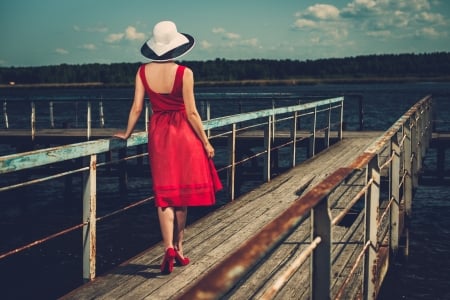 Lady in Red - woman, outside, beauty, lady, female, girl, hat, outdoors, red, beautiful, dress