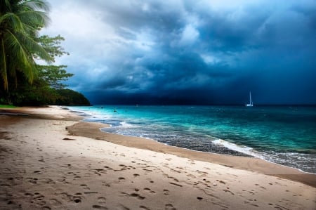 Tropical Storm, Kapas Island - storm, clouds, water, beach, beautiful, sea, island, sand, tropical, sailboat, palm trees, Malaysia, paradise