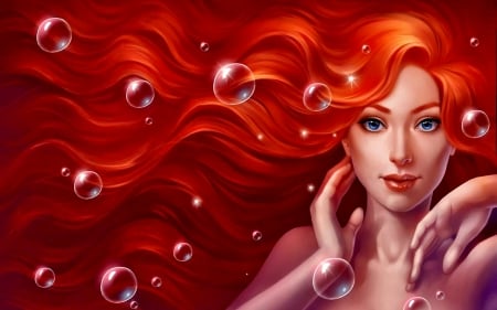 Tickled - women, redhead, magic, blue eyes, fantasy, bubbbles