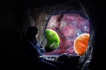 WAITING~WATCHING~WISHING - stars, planets, female, cave, space