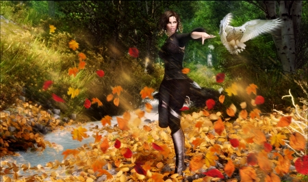 Art - lady, bird, art, autumn