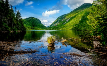 Mountain lake - sky, lake, trees, landscape, hills, mountain, summer, crystal, reflection, beautiful