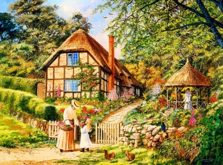 Beautiful garden - cottage, peaceful, countryside, summer, lovely, gazebo, spring, painting, art, beautiful, house, flowers, garden