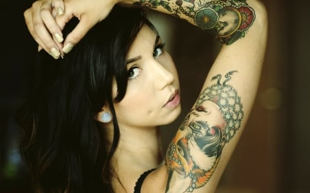 Tattoo Girl - tattoo, clock, photography, brunette, girl