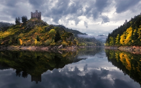 Le Chateau d'Alleuze, France - river, reflection, castle, medieval