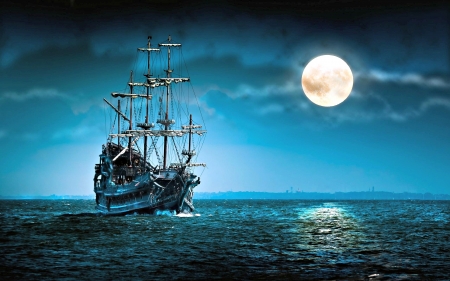 Tallship under a Full Moon - full moon, water, reflection, tallship