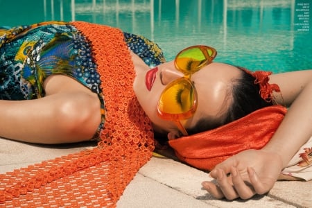 Enjoy your summer! - water, summer, blue, girl, orange, pool, woman, model, sunglasses