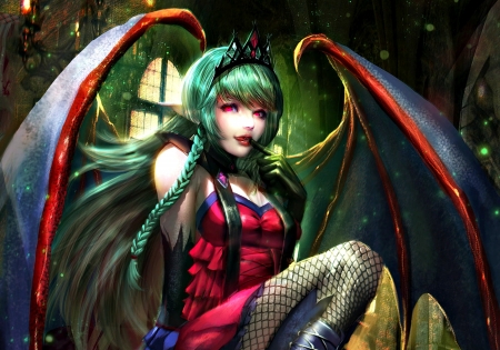 Evelyn the succubus - evelyn, girl, wings, fantasy, sangrde, art, red, succubus, green, bat