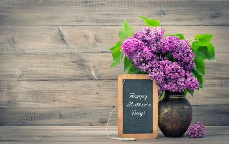 Happy Mother's Day! - day, mother, vase, spring, wood, purple, green, card, lilac, flower