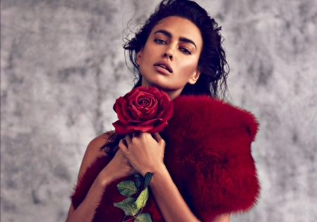 Irina Shayk - woman, fur, girl, red, irina shayk, rose, model