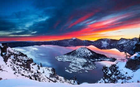 Crater Lake - clouds, nature, snow, lake, mountains, mountain, sky