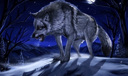 On The Hunt - winter, moon, wolf, hunting