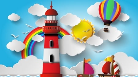 Lighthouse Rainbow - rainbow, lighthouse, beach, sky, sailboats, sun, colorful, balloon, cut out, bright, 3d, clouds, sea